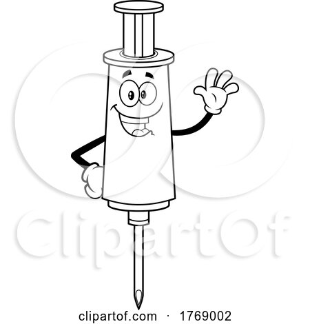 Cartoon Black and White Vaccine Syringe Mascot Waving by Hit Toon