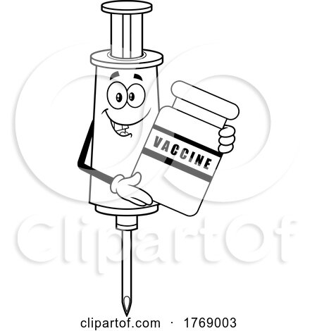 Cartoon Black and White Vaccine Syringe Mascot Holding a Vial by Hit Toon