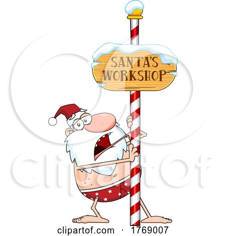 Cartoon Santa in His Underwear at a Workshop Sign by Hit Toon