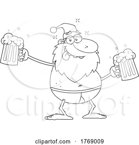 Cartoon Black and White Drunk Santa Holding Beer Mugs by Hit Toon