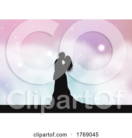 Silhouette of a Bride and Groom on a Pastel Cotton Candy Clouds Background by KJ Pargeter