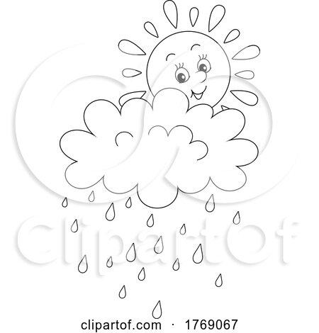 Cartoon Black and White Cheerful Sun and Rain Cloud by Alex Bannykh