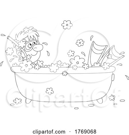 Cartoon Black and White Man Wearing Snorkel Gear in a Bath Tub by Alex Bannykh