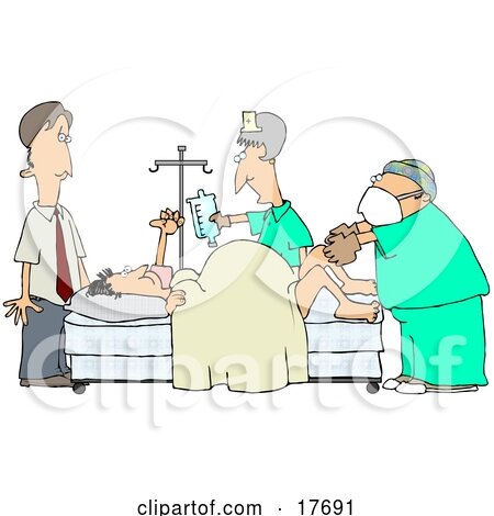 Clipart Illustration of a Terrified Caucasian Man Standing Near His Wife in a Hospital Bed While She Gives Birth With the Assitance of a Gynecologist Doctor and Nurse by djart