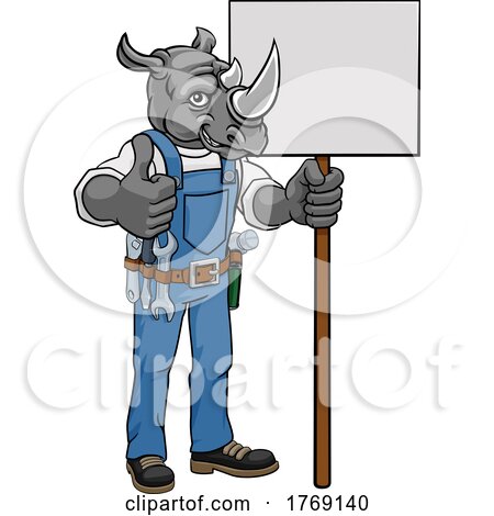 Rhino Cartoon Mascot Handyman Holding Sign by AtStockIllustration
