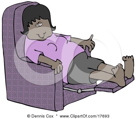 Clipart Illustration of a Tired African American Woman In A Purple Shirt Resting With Her Feet Up In A Purple Lazy Chair by djart