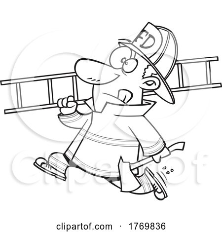 Cartoon Black and White Fireman Carrying a Ladder by toonaday