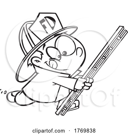 Cartoon Black and White Boy Firefighter with a Ladder by toonaday