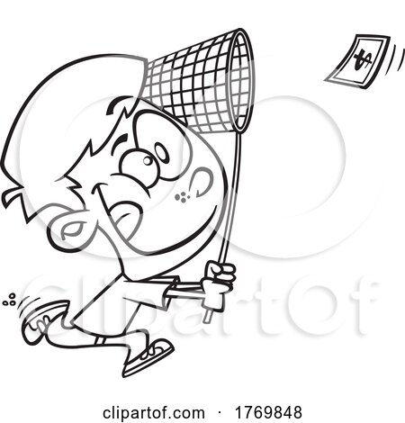Cartoon Black and White Boy Chasing Money with a Net by toonaday
