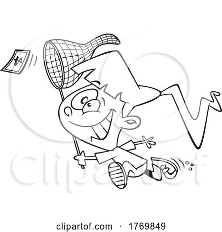 Cartoon Black and White Girl Chasing Money with a Net by toonaday