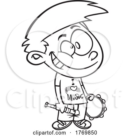 Cartoon Black and White Boy with an I Love Music Shirt by toonaday