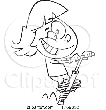 Cartoon Black and White Girl Playing on a Pogo Stick by toonaday