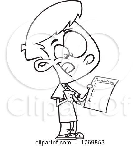 Cartoon Black and White Boy Writing a Resolutions List by toonaday