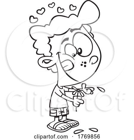 Cartoon Black and White Boy Playing She Loves Me with Flower Petals by toonaday