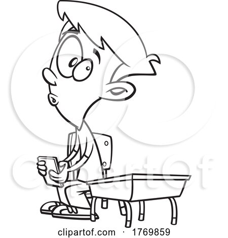 Cartoon Black and White Boy Sneaking a Text in Class by toonaday