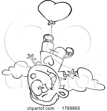 Cartoon Black and White Boy Floating Away with a Heart Balloon by toonaday