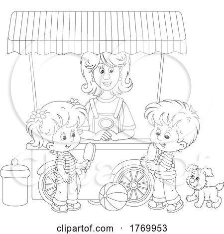 Cartoon Black and White Children with Popsicles at a Food Cart by Alex Bannykh