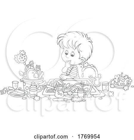 Cartoon Black and White Boy Looking at Dishes by Alex Bannykh