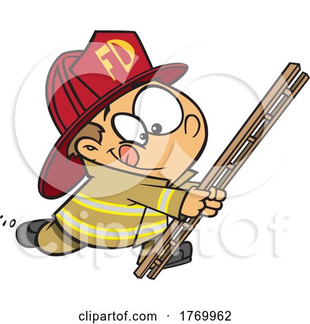 Cartoon Firefighter Boy Running with a Ladder Posters, Art Prints