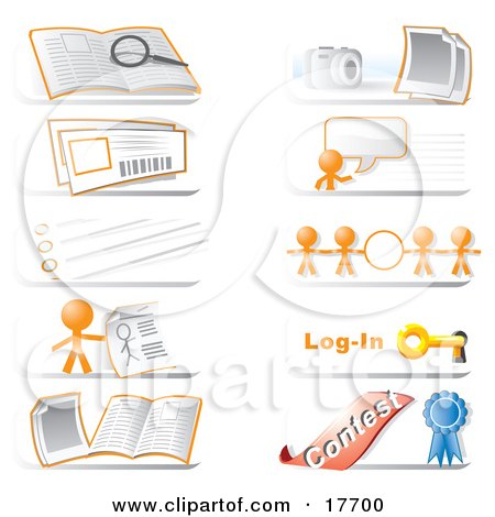 Royalty-Free (RF) Clipart Illustration of a Collection Of Community Hotline Website Icons Featuring The Orange Man Character, A Search, Photos, Live Chat, Information, Links, Login And Contest Icons by Leo Blanchette
