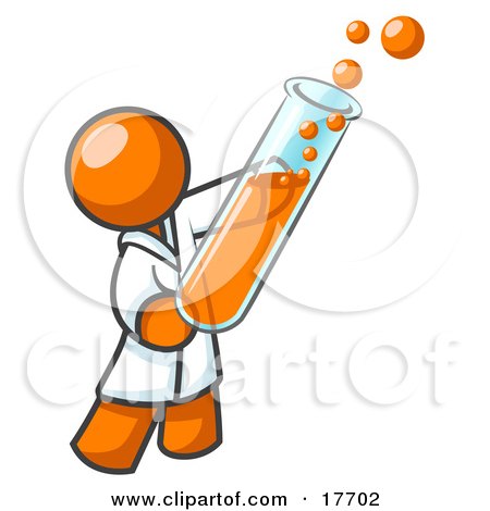 Clipart Illustration of an Orange Man Scientist Holding A Test Tube Full Of Bubbly Orange Liquid In A Laboratory by Leo Blanchette