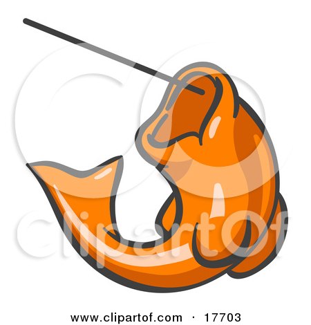 Clipart Illustration of an Orange Fish Jumping Up And Biting A Hook On A Fishing Line by Leo Blanchette
