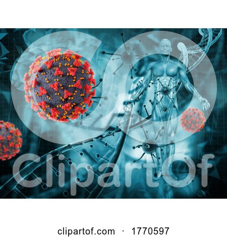 3D Medical Background with Male Figure and Covid 19 Virus Cells by KJ Pargeter