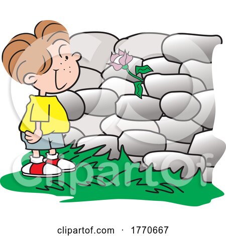 Cartoon Boy Looking at a Flower Growing from a Stone Wall by Johnny Sajem