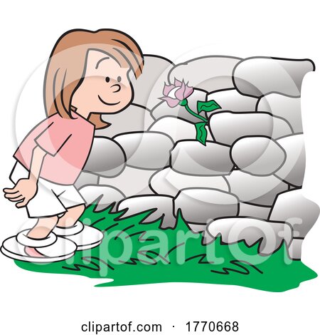 Cartoon Girl Looking at a Flower Growing from a Stone Wall by Johnny Sajem