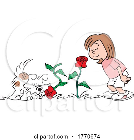 Cartoon Girl and Dog Smelling the Roses by Johnny Sajem