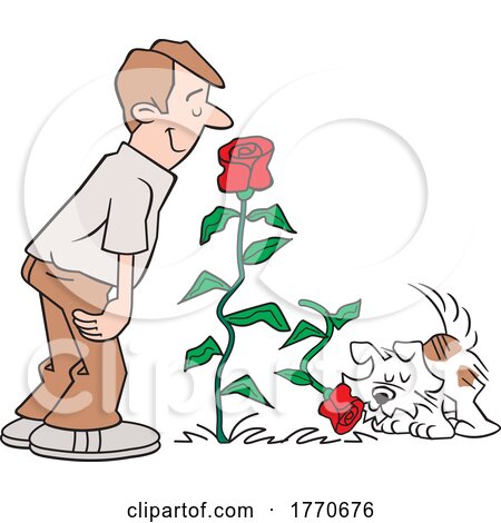 Cartoon Guy and Dog Smelling the Roses by Johnny Sajem
