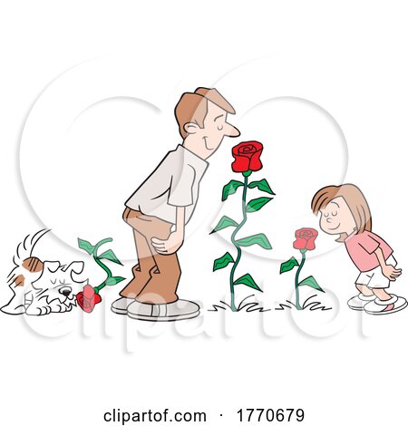 Cartoon Father and Daughter and Dog Smelling the Roses by Johnny Sajem