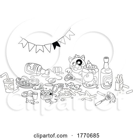 Cartoon Black and White Cat Eating Junk Food in a Messy Room by Alex Bannykh