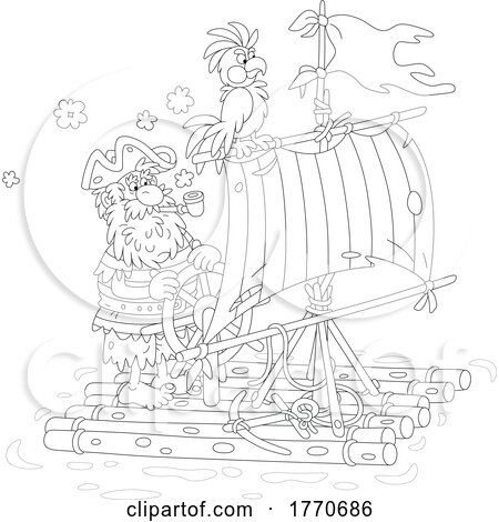 Cartoon Black and White Pirate and Parrot on a Log Raft by Alex Bannykh