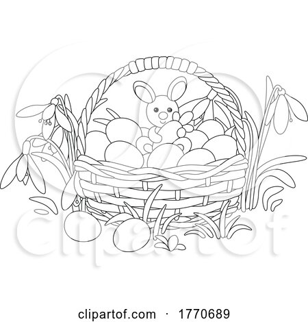 Cartoon Black and White Easter Basket and Snowdrop Flowers by Alex Bannykh