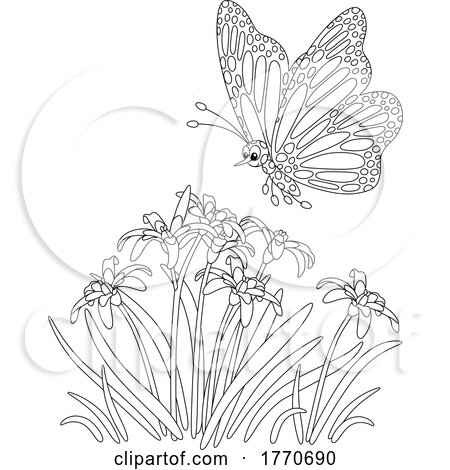 Cartoon Black and White Butterfly and Spring Flowers by Alex Bannykh