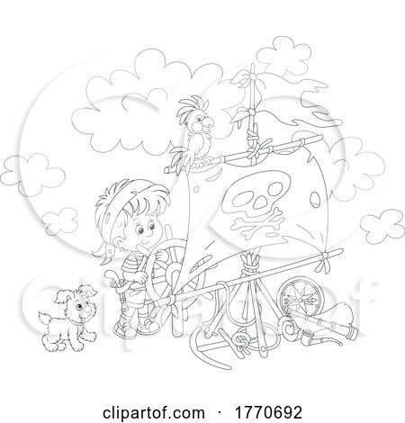 Cartoon Black and White Puppy Parrot and Boy Pirate by Alex Bannykh
