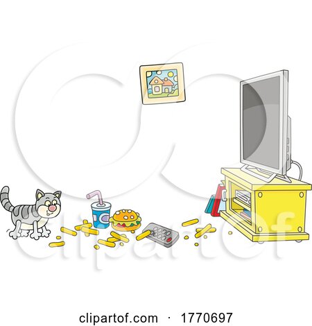 Cartoon Cat Eating Junk Food in a Messy Room by Alex Bannykh