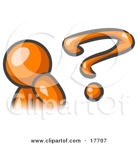 Clipart Illustration of an Orange Man Rubbing His Chin And Posed By A Question Mark, Symbolizing, Curiousity, Confusion And Uncertainty by Leo Blanchette