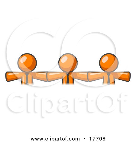 Clipart Illustration of Three Orange Businessmen Wearing Ties, Standing Arm To Arm, Symbolizing Team Work, Support, Interlinking, Interventions, Etc by Leo Blanchette
