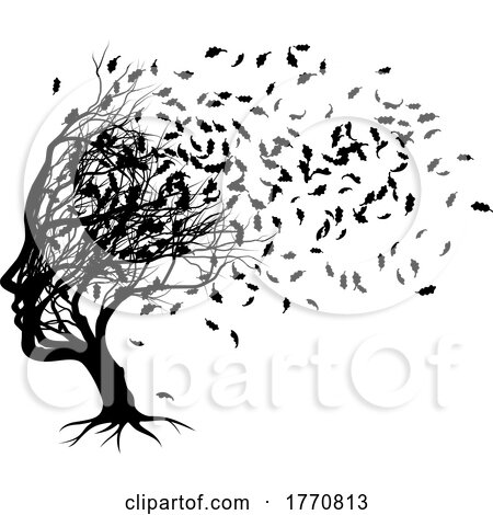 Optical Illusion Tree Face with Leaves Blowing by AtStockIllustration