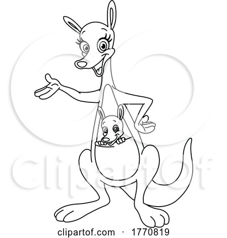 Cartoon Black and White Presenting Kangaroo with Joey by yayayoyo