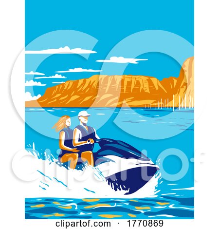 Cedar Bluff State Park with Couple Riding Jet Ski in Cedar Bluff Reservoir in Kansas USA WPA Poster Art by patrimonio