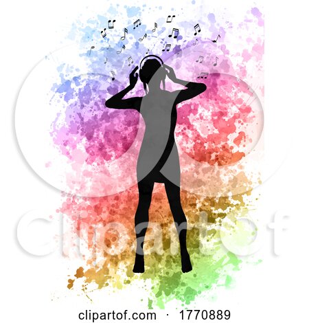 Silhouette of a Female Listening to Music on Watercolour Background by KJ Pargeter