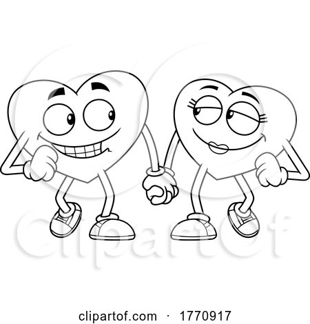 Cartoon Black and White Heart Mascot Character Couple Holding Hands and Walking by Hit Toon
