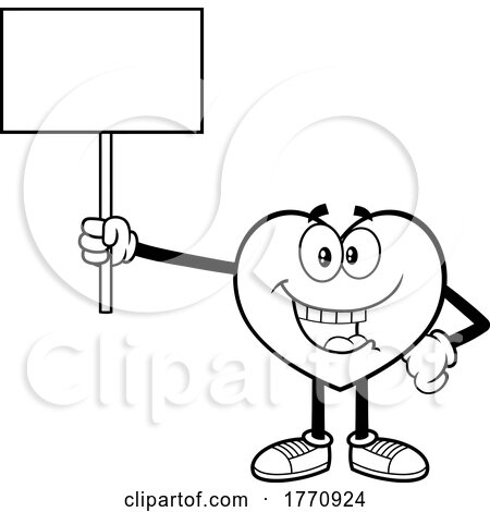 Cartoon Black and White Heart Mascot Character Holding a Blank Sign by Hit Toon