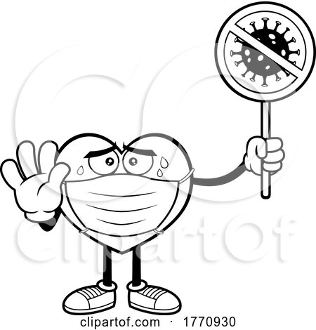 Cartoon Black and White Heart Mascot Character Wearing a Covid Mask and Holding a Sign by Hit Toon