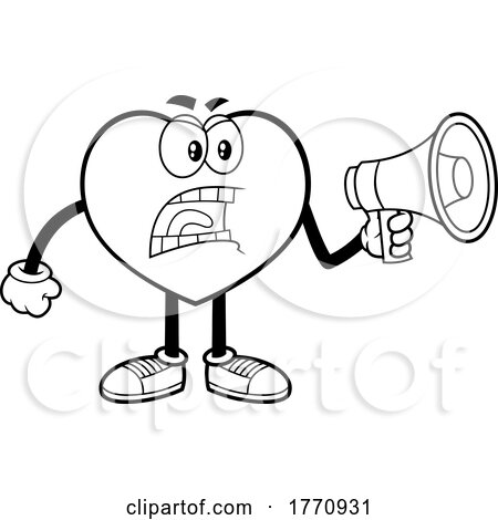 Cartoon Black and White Angry Heart Mascot Character Using a Megaphone by Hit Toon