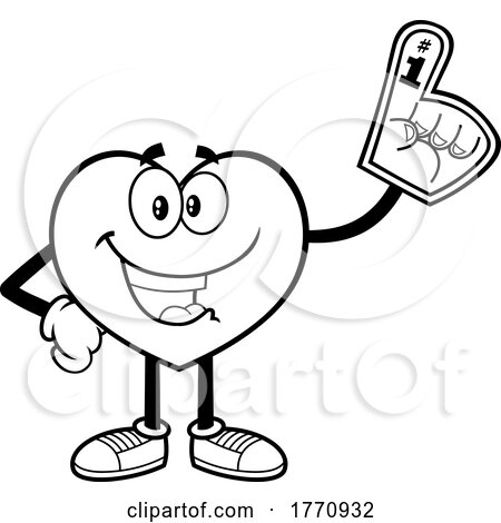 Cartoon Black and White Heart Mascot Character Fan Wearing a Foam Finger by Hit Toon