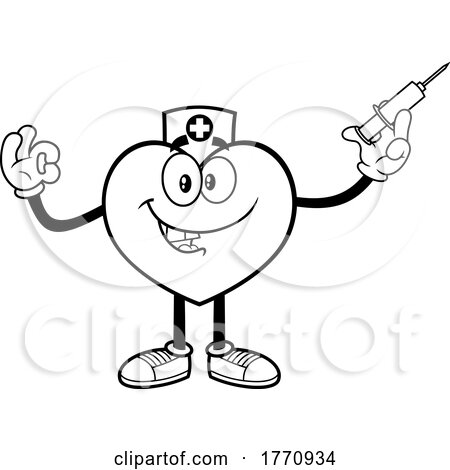 Cartoon Black and White Heart Mascot Character Nurse Holding a Vaccine by Hit Toon